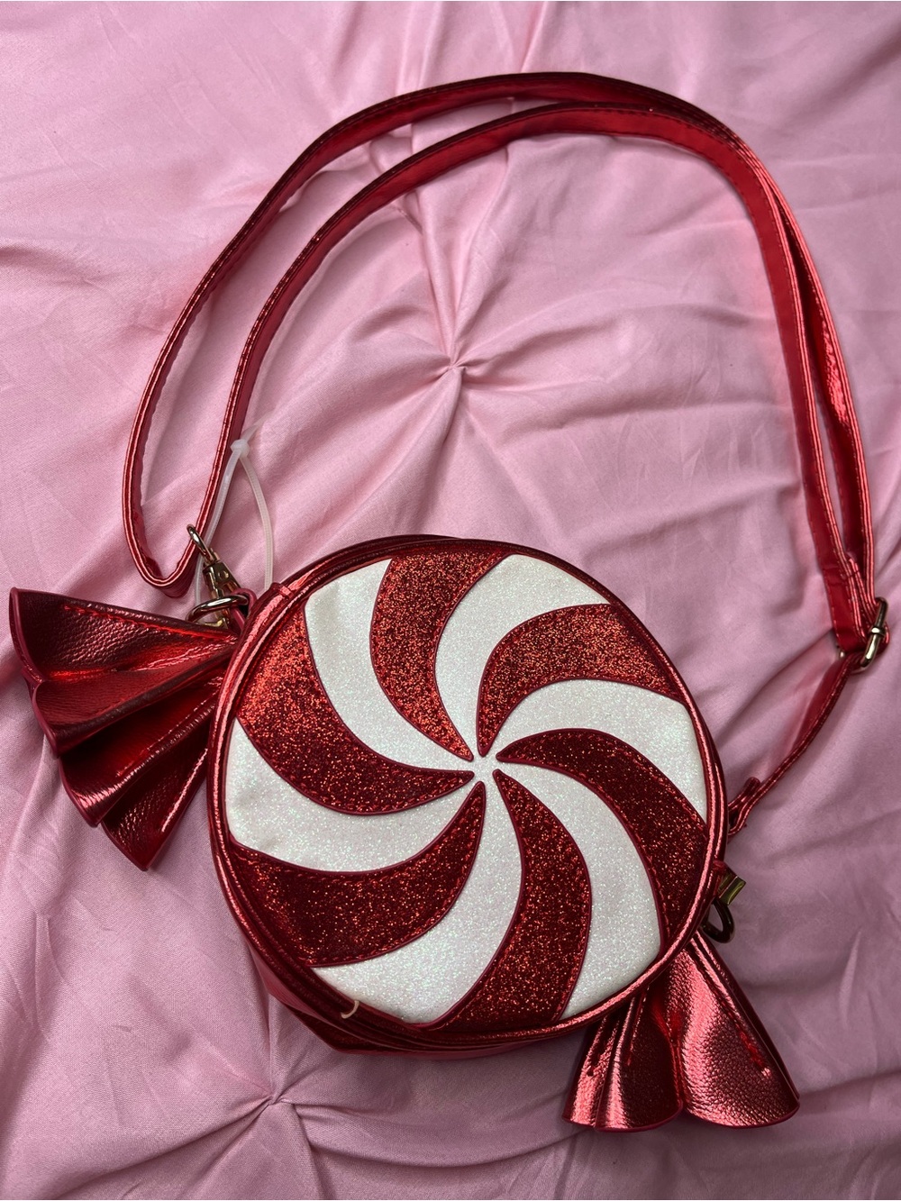 MAD Engine Red and White Glitter Swirl Candy Crossbody